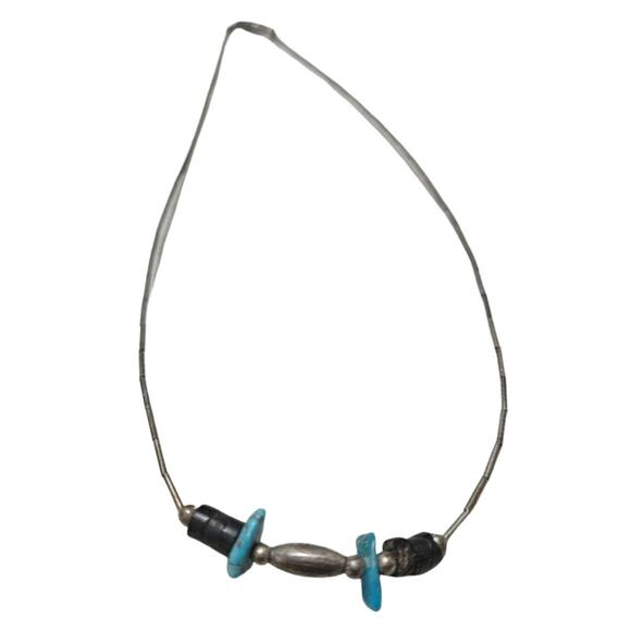 1970s Sterling Silver Liquid +  Turquoise Stones Bohemian Hippy Necklace - Picture 1 of 4